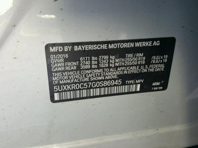 5UXKR0C57G0S86945 - 2016 BMW X5 XDRIVE3 SILVER photo 10