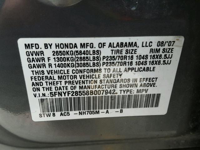 5FNYF28558B007942 - 2008 HONDA PILOT EXL GRAY photo 10