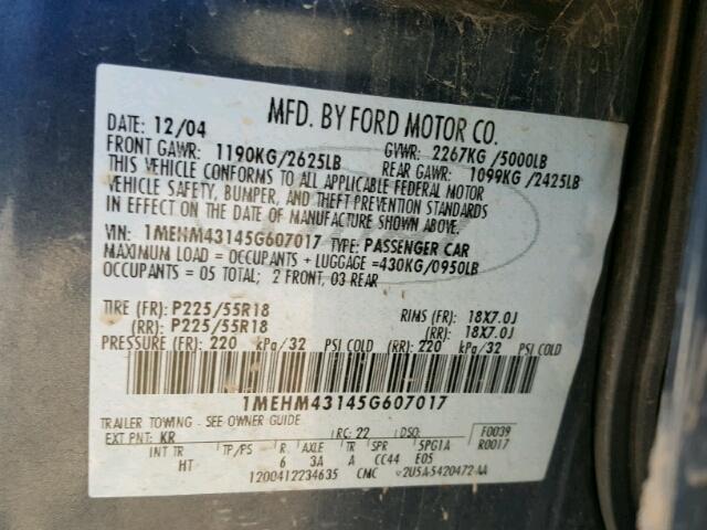 1MEHM43145G607017 - 2005 MERCURY MONTEGO PR 蓝色 照片 10