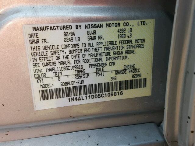 1N4AL11D05C109816 - 2005 NISSAN ALTIMA S SILVER photo 10