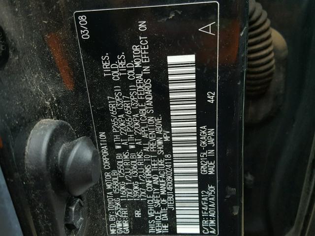 JTEBU14RX8K024118 - 2008 TOYOTA 4RUNNER SR BLACK photo 10