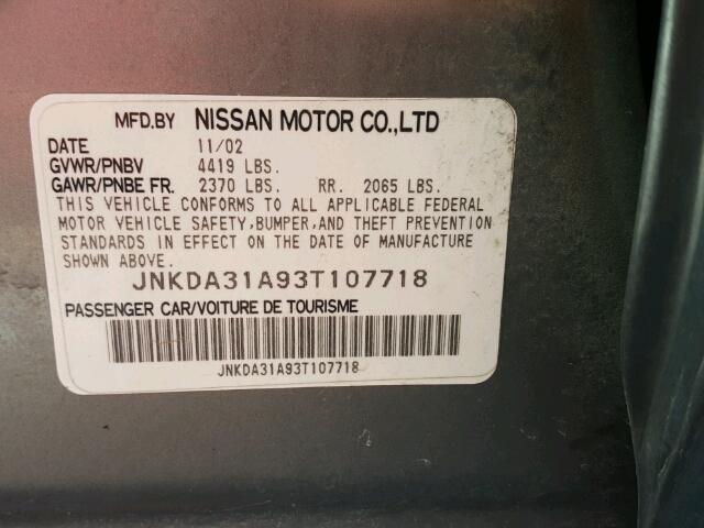 JNKDA31A93T107718 - 2003 INFINITI I35 GRAY photo 10