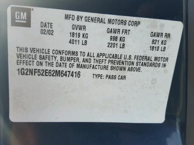 1G2NF52E62M647416 - 2002 PONTIAC GRAND AM S BLUE photo 10