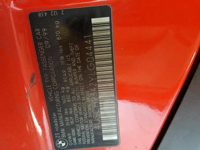 4USCH9342YLG04441 - 2000 BMW Z3 2.3 RED photo 10
