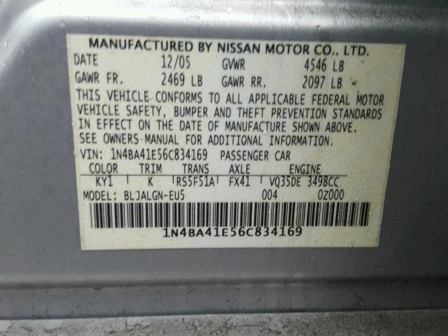 1N4BA41E56C834169 - 2006 NISSAN MAXIMA SE SILVER photo 10