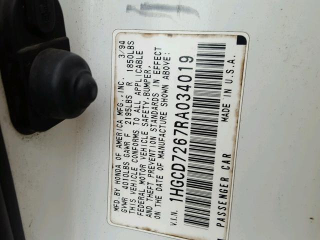 1HGCD7267RA034019 - 1994 HONDA ACCORD EX WHITE photo 10