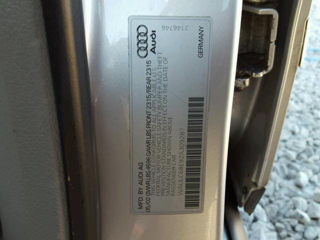 WAULC68E92A309287 - 2002 AUDI A4 1.8T QU SILVER photo 10