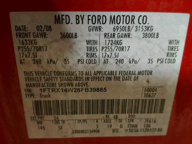 1FTRX14W28FB39885 - 2008 FORD F150 RED photo 10