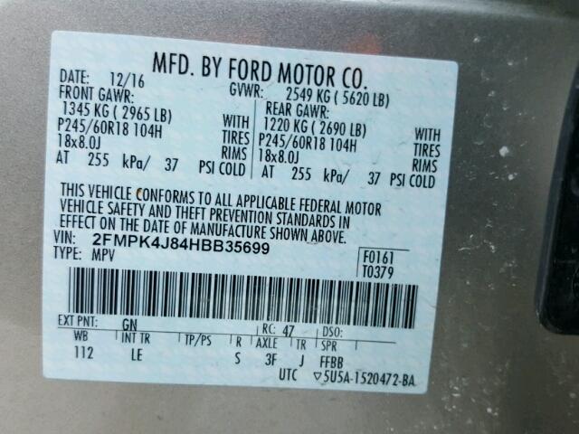 2FMPK4J84HBB35699 - 2017 FORD EDGE SEL SILVER photo 10