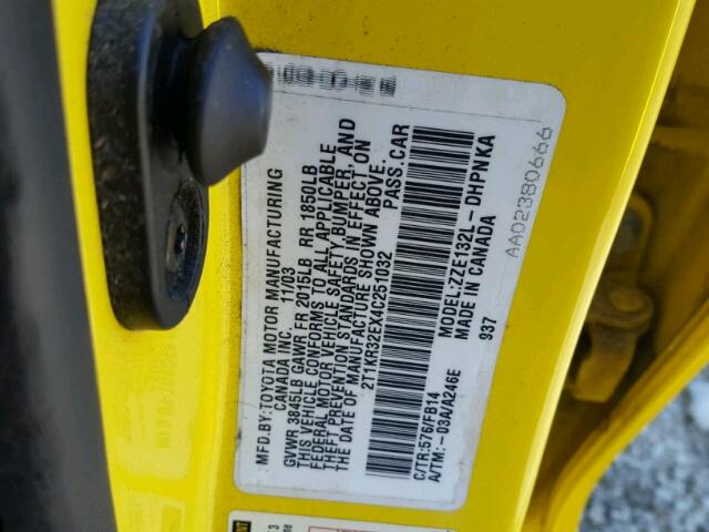 2T1KR32EX4C251032 - 2004 TOYOTA COROLLA MA YELLOW photo 10