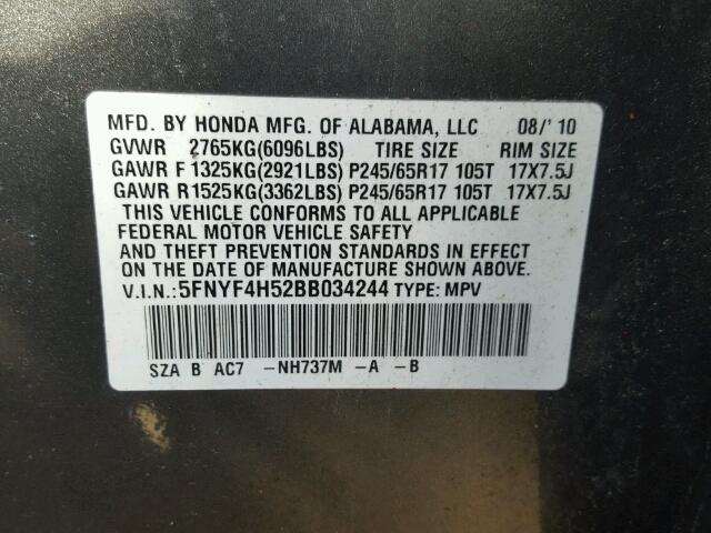 5FNYF4H52BB034244 - 2011 HONDA PILOT EXL CHARCOAL photo 10