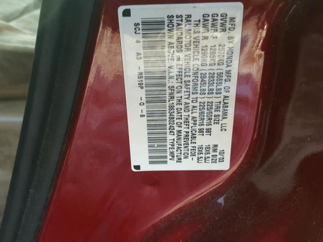 5FNRL18634B024247 - 2004 HONDA ODYSSEY EX BURGUNDY photo 10