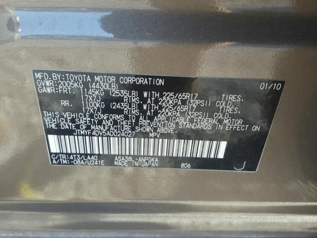 JTMYF4DV5AD024027 - 2010 TOYOTA RAV4 LIMIT GRAY photo 10