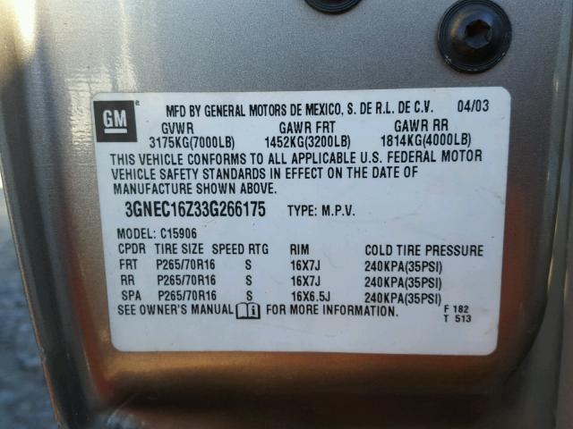 3GNEC16Z33G266175 - 2003 CHEVROLET SUBURBAN C TAN photo 10