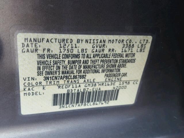 3N1CN7AP8CL867692 - 2012 NISSAN VERSA S GRAY photo 10