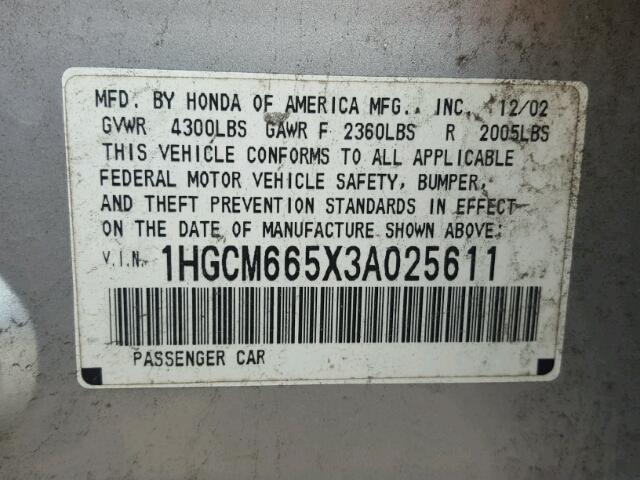 1HGCM665X3A025611 - 2003 HONDA ACCORD EX SILVER photo 10