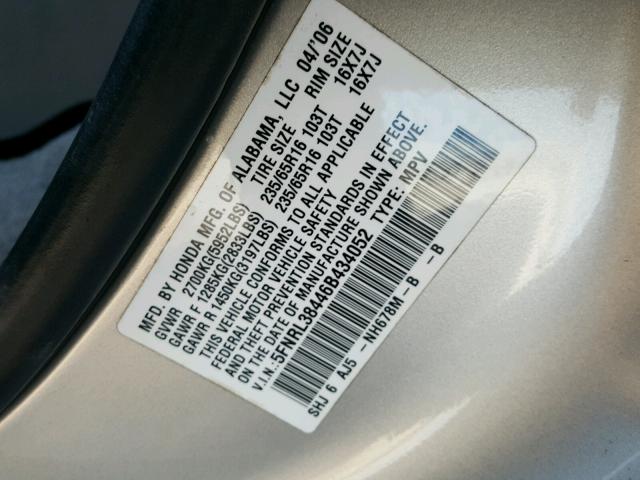 5FNRL38446B434052 - 2006 HONDA ODYSSEY EX SILVER photo 10