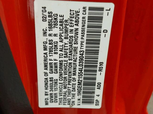 1HGEM21554L039043 - 2004 HONDA CIVIC LX RED photo 10