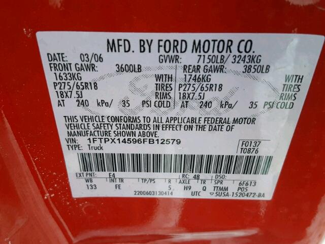 1FTPX14596FB12579 - 2006 FORD F150 RED photo 10