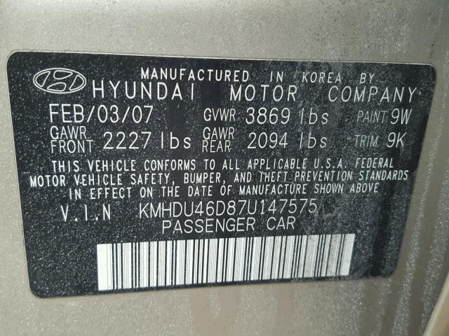 KMHDU46D87U147575 - 2007 HYUNDAI ELANTRA GL GOLD photo 10