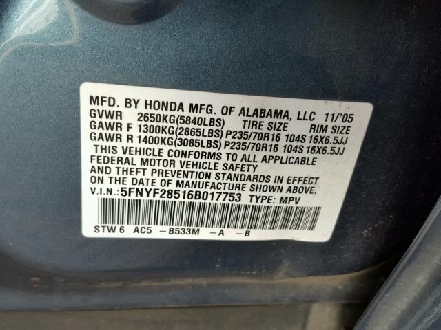 5FNYF28516B017753 - 2006 HONDA PILOT EX BLUE photo 10