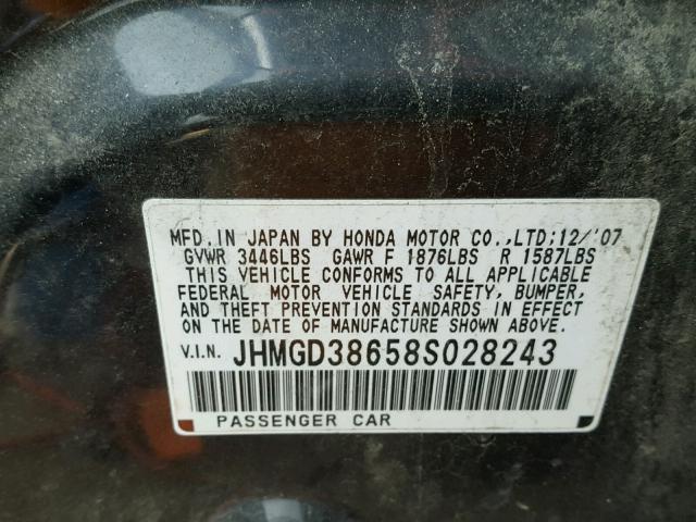 JHMGD38658S028243 - 2008 HONDA FIT SPORT BLACK photo 10