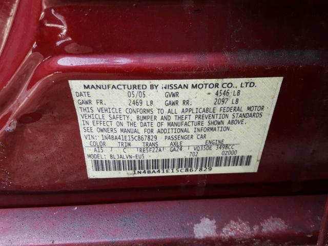 1N4BA41E15C867829 - 2005 NISSAN MAXIMA SE RED photo 10