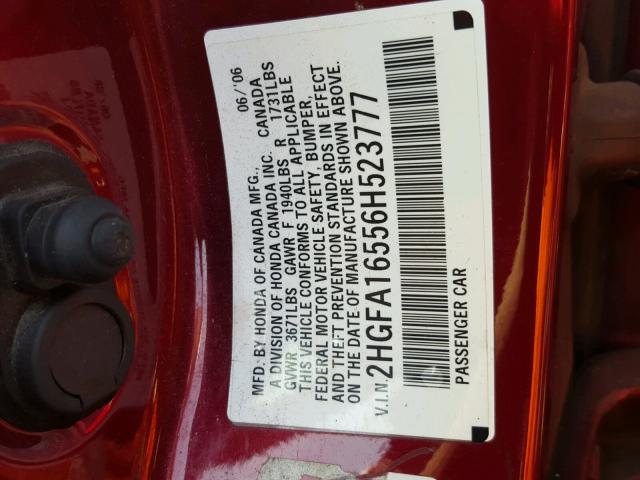 2HGFA16556H523777 - 2006 HONDA CIVIC LX RED photo 10