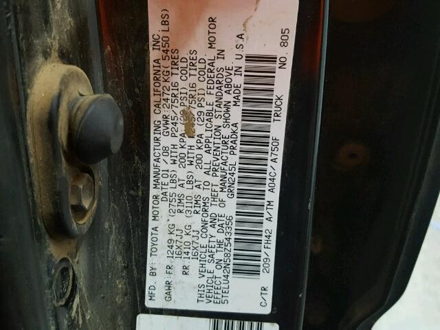 5TELU42N58Z543356 - 2008 TOYOTA TACOMA DOU BLACK photo 10