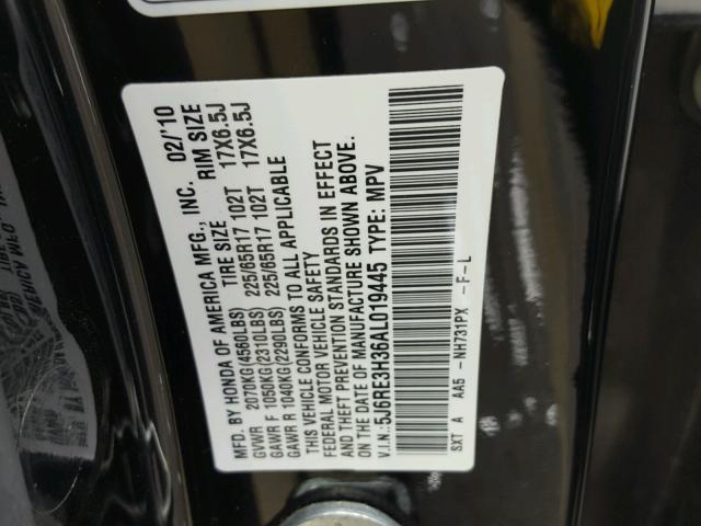 5J6RE3H36AL019445 - 2010 HONDA CR-V LX BLACK photo 10