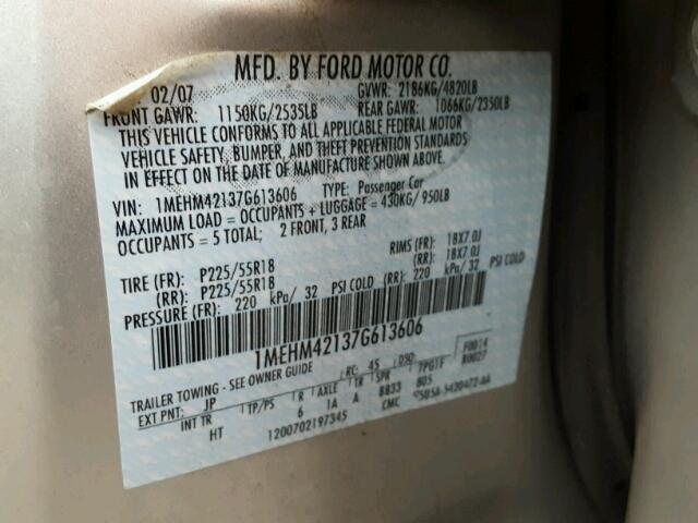 1MEHM42137G613606 - 2007 MERCURY MONTEGO PR 银色 照片 10