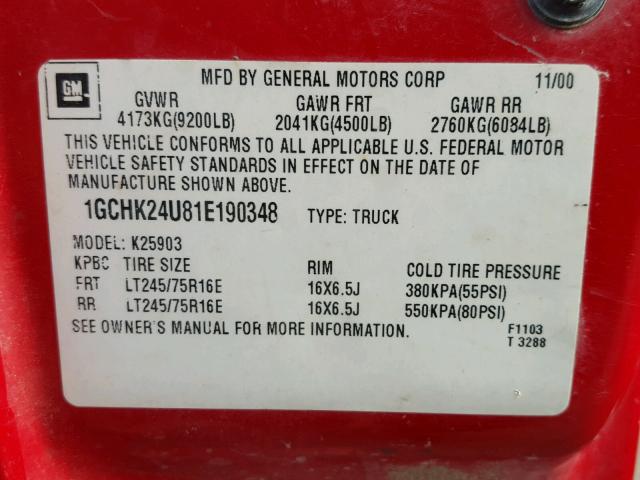 1GCHK24U81E190348 - 2001 CHEVROLET SILVERADO RED photo 10