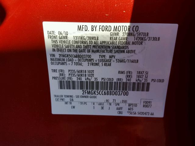 2FMGK5CC6BBD03700 - 2011 FORD FLEX SEL წითელი ფოტო 10