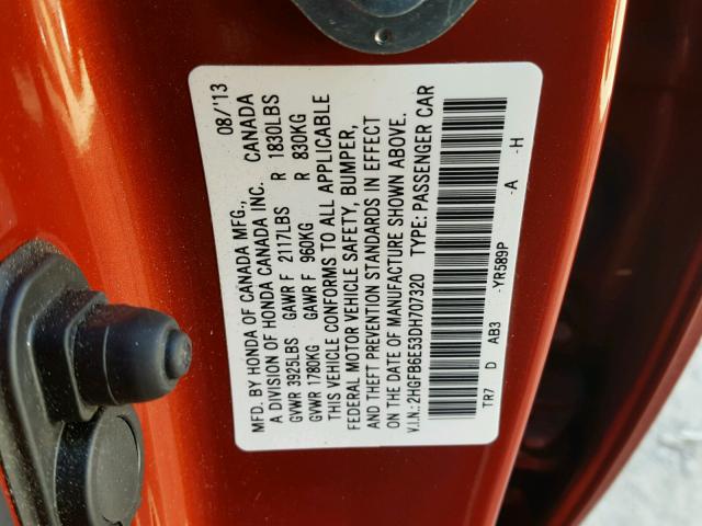 2HGFB6E53DH707320 - 2013 HONDA CIVIC SI RED photo 10