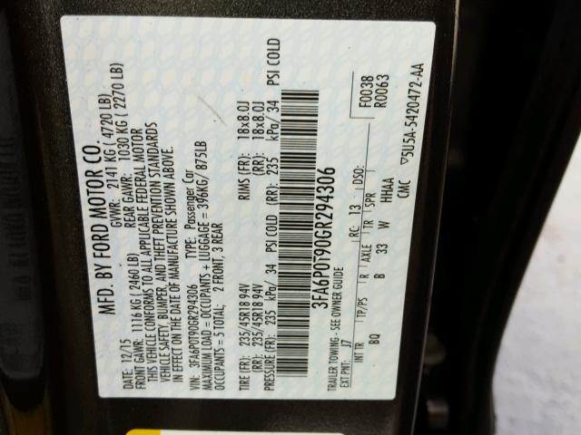 3FA6P0T90GR294306 - 2016 FORD FUSION SE GRAY photo 10