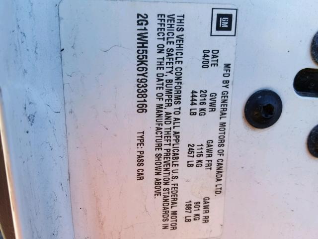 2G1WH55K6Y9338166 - 2000 CHEVROLET IMPALA LS WHITE photo 10