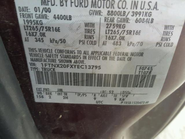 1FTNX20FXYEC13795 - 2000 FORD F250 SUPER BURGUNDY photo 10