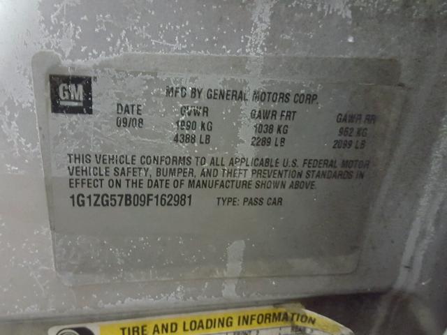 1G1ZG57B09F162981 - 2009 CHEVROLET MALIBU LS ვერცხლისფერი ფოტო 10