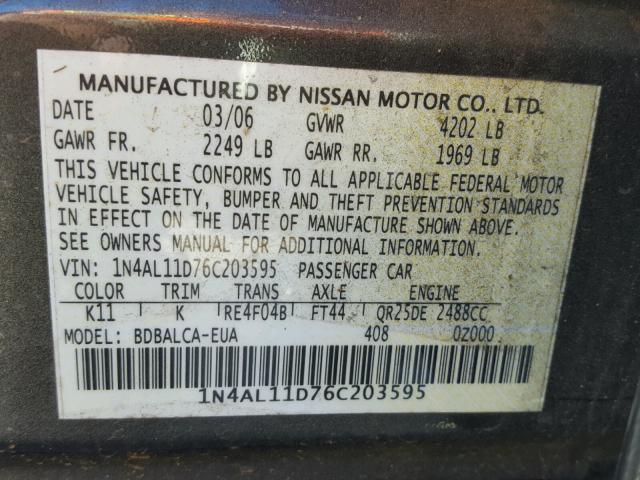 1N4AL11D76C203595 - 2006 NISSAN ALTIMA S CHARCOAL photo 10