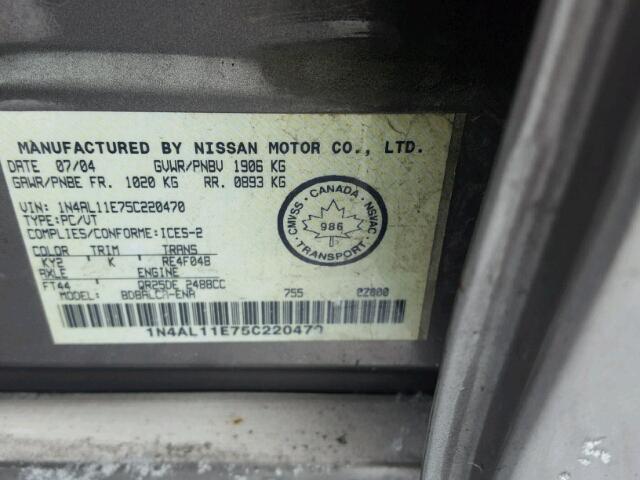 1N4AL11E75C220470 - 2005 NISSAN ALTIMA S GRAY photo 10