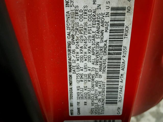 5TEUX42N07Z369187 - 2007 TOYOTA TACOMA ACC RED photo 10