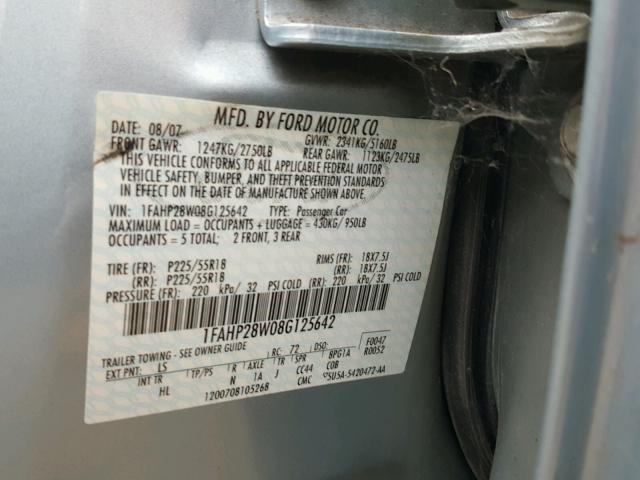 1FAHP28W08G125642 - 2008 FORD TAURUS LIM TURQUOISE photo 10