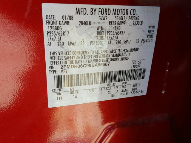 2FMDK36C98BA56667 - 2008 FORD EDGE SE RED photo 10