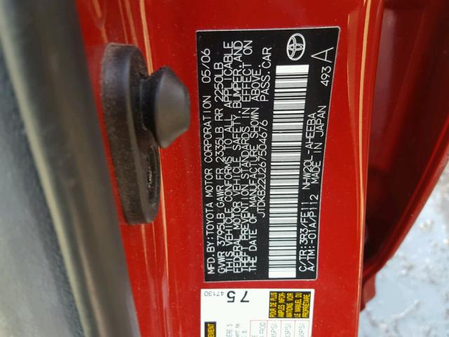 JTDKB22U267504676 - 2006 TOYOTA PRIUS RED photo 10