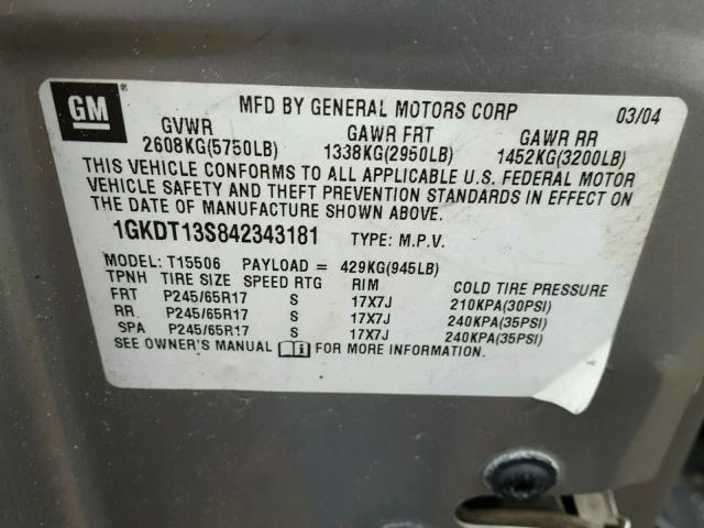 1GKDT13S842343181 - 2004 GMC ENVOY SILVER photo 10