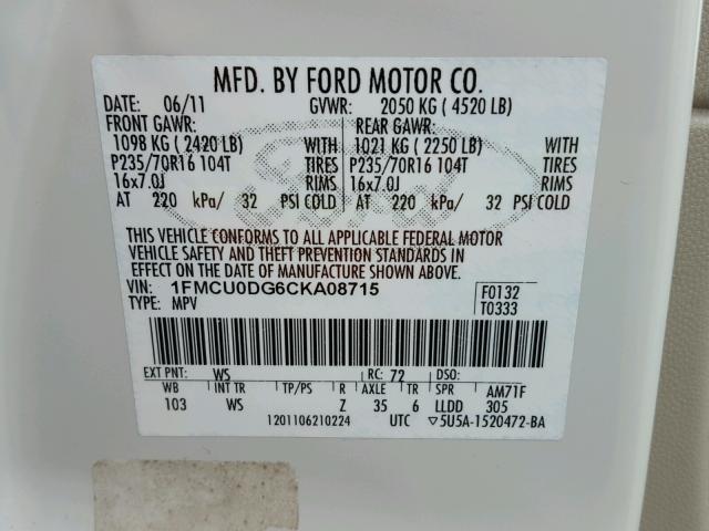 1FMCU0DG6CKA08715 - 2012 FORD ESCAPE XLT WHITE photo 10