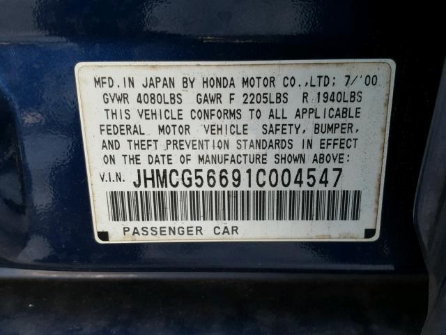 JHMCG56691C004547 - 2001 HONDA ACCORD EX BLUE photo 10