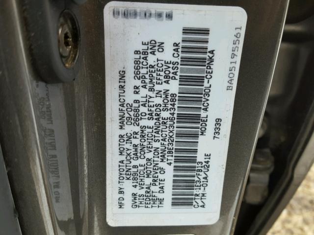 4T1BE32KX3U643488 - 2003 TOYOTA CAMRY LE CHARCOAL photo 10