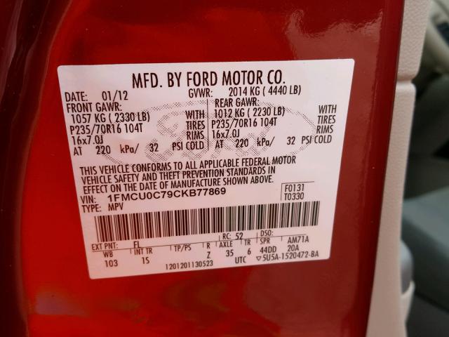 1FMCU0C79CKB77869 - 2012 FORD ESCAPE XLS RED photo 10