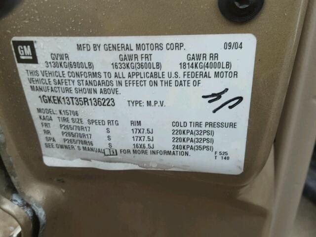 1GKEK13T35R136223 - 2005 GMC YUKON Marrón foto 10